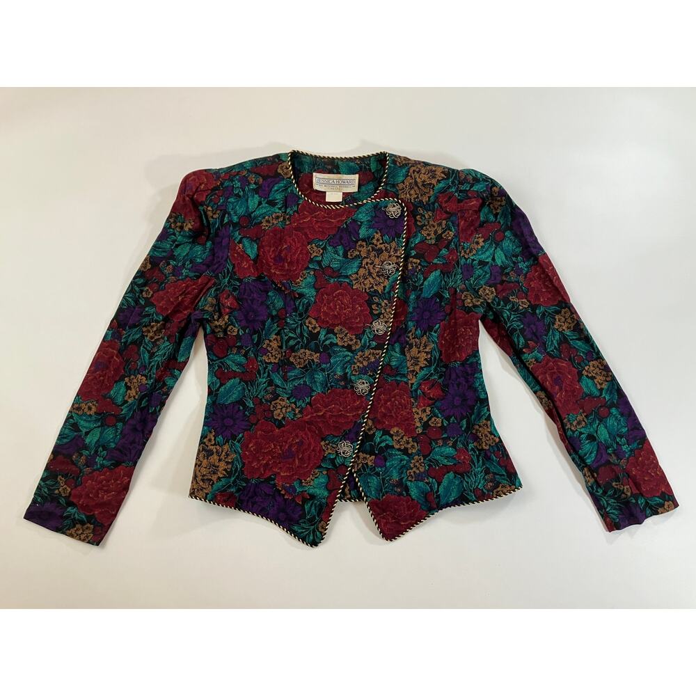 Vintage Jessica Howard Women Petite 8 Floral Blazer Jacket Jewel Tone Made USA